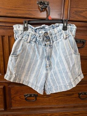 PacSun Light Blue & White Striped High-Waist Mom Shorts